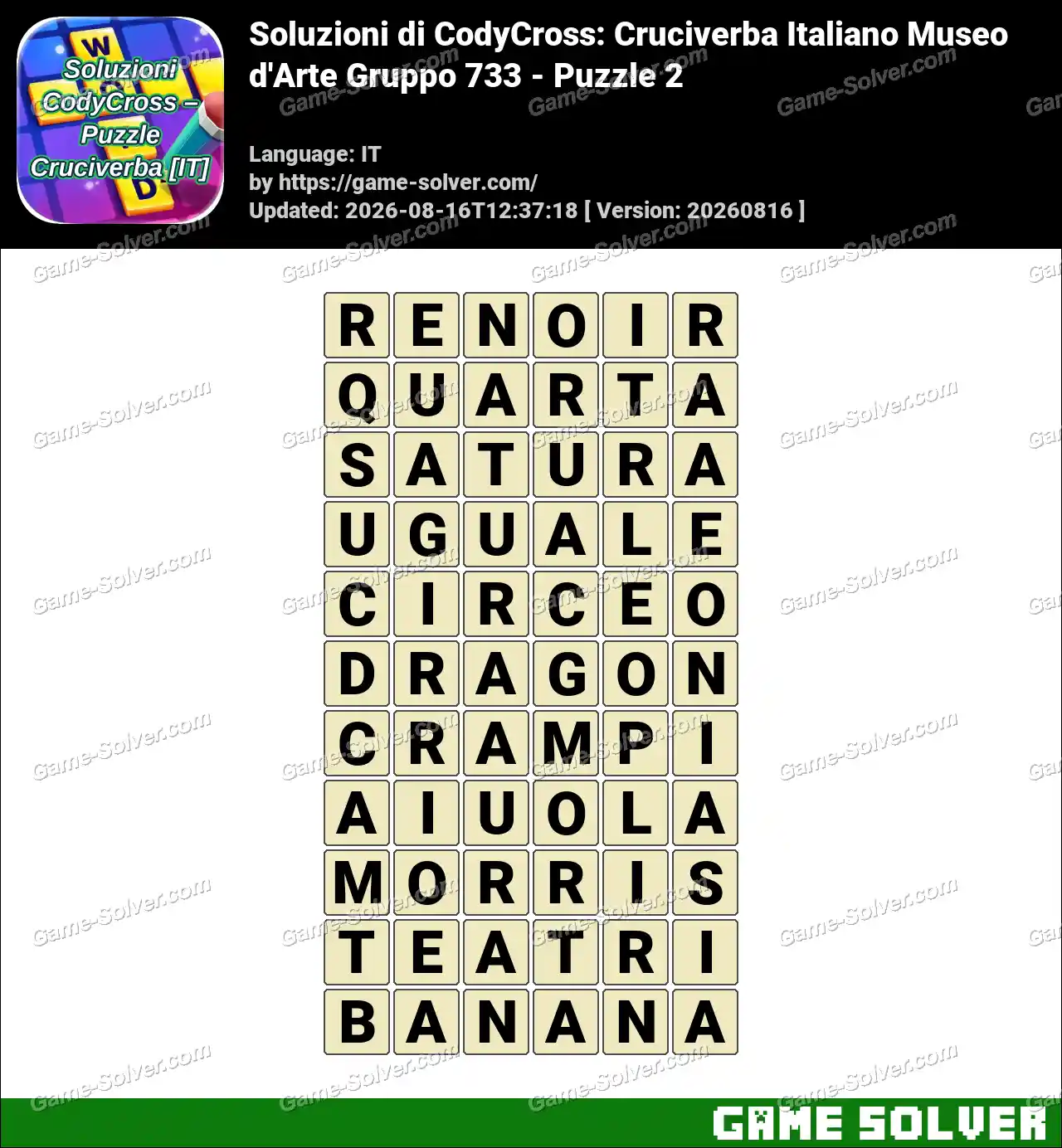 Soluzioni di CodyCross: Cruciverba Italiano Museo d’Arte Gruppo 733 – Puzzle 2